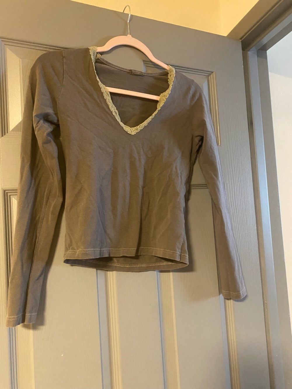Brandy Melville Gray and light Green V-Neck Long Sleeve Tee with Lace Trim